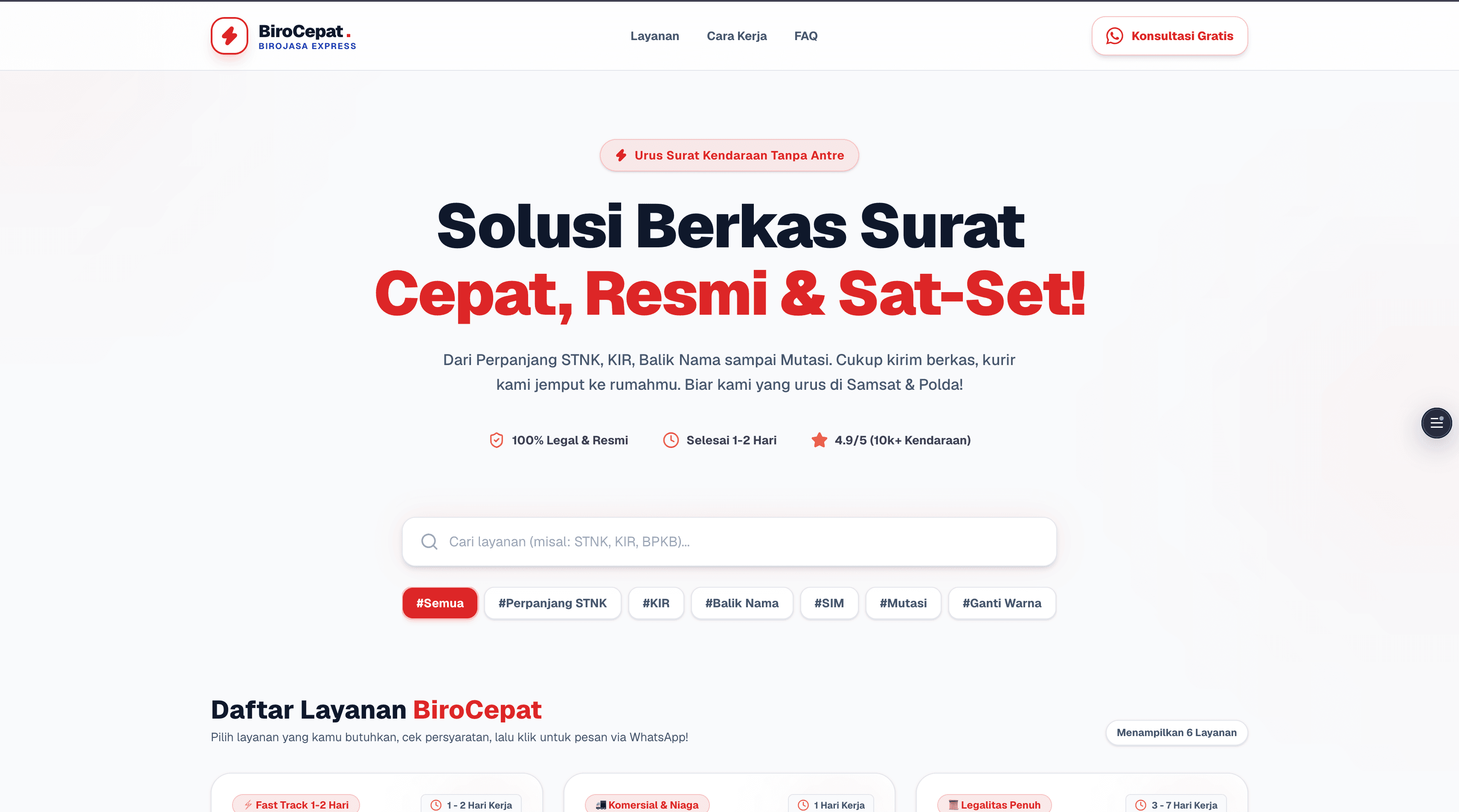 Tampilan desain automotive untuk High-Conversion Landing Page Layanan Otomotif BiroCepat