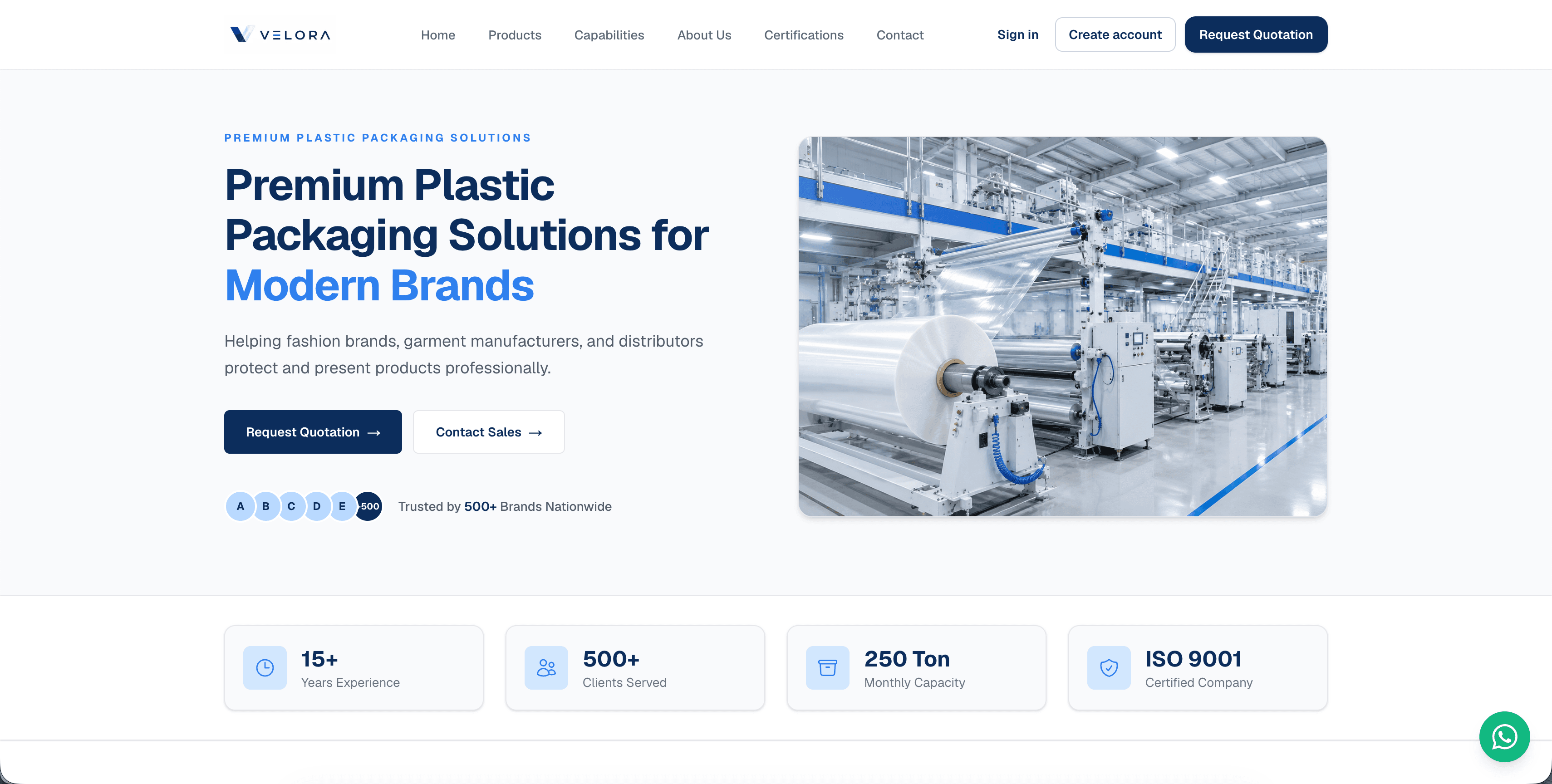 Tampilan desain company profile untuk Website Company Profile B2B Manufaktur Velora Pack